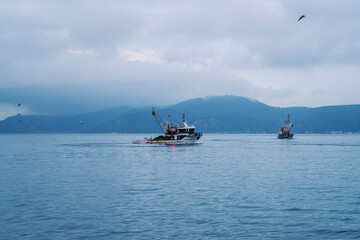 fisherman fishing boats on Bosporus Istanbul on a Foggy sunrise. Rainy clouds and dark weather. seagulls flying over the sea