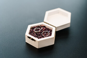 Photo of golden wedding rings before ceremony