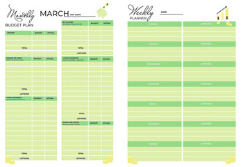 Vector financial planner pages templates. Weekly and monthly budget planner for print. Modern, comfortable planner in yellow and green colors.Cute finance planner template with financial icons