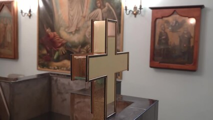 Blurred Christening candle Holy water font. Baptism in the font. Sacrament of baptism. Child and God. 