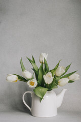 White tulips in white vase on grey and white background 