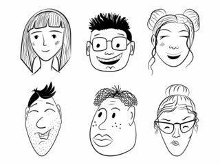 Doodle comic people faces vector set. Hand-drawn heads of women and men in lines. Sketch face and head vector