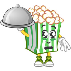 Cute popcorn character serving meal. Vector hand drawn cartoon kawaii mascot illustration icon. Isolated on white background. Popcorn character concept