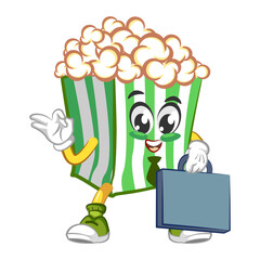 Cute popcorn character at office with tie and suitcase. Vector hand drawn cartoon kawaii mascot illustration icon. Isolated on white background. Popcorn character concept