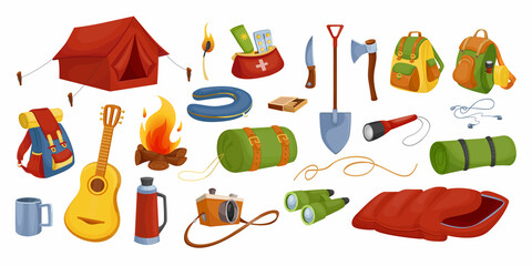 Cartoon journey set. Travel and adventure backpack with camera and gear. Vector active vacation concept
