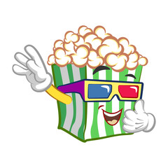 Cute popcorn character wearing 3D glasses. Vector hand drawn cartoon kawaii mascot illustration icon. Isolated on white background. Popcorn character concept