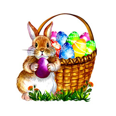 Happy easter. Easter bunny and basket with colorful eggs.