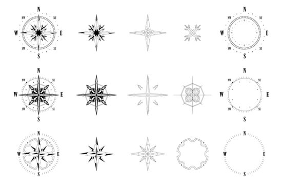 Compass dial and arrow. Construction kit of wind rose and vintage nautical compass symbol. Vector direction meter isolated set