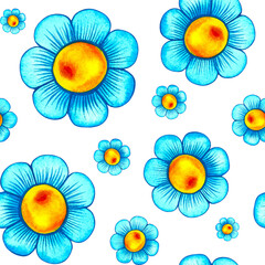 Baby chamomile flower seamless pattern on white background.