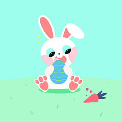 Easter Bunny with an egg in his hand on a blue background looking at a carrot.