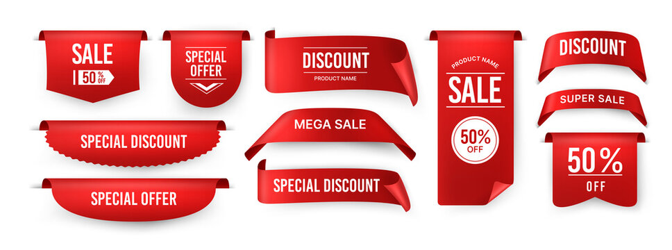Ribbon price tag. Sale and special offer red label, offer sticker . Vector isolated set