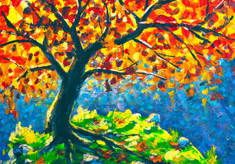 Fototapeta na wymiar Acrylic painting big autumn old tree on green mountain impressionism illustration art background