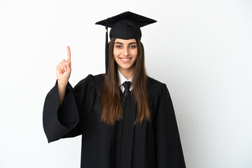 Young university graduate isolated on white background pointing up a great idea