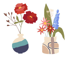 Set of Hand Drawn Illustrations - vases and spring flowers, home decor, flower bouquets, elegant floral arrangements.