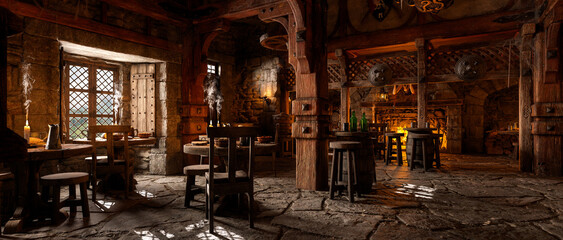 Fototapeta premium Wide panoramic view of the bar area in a fantasy medieval tavern with open fire in the background. 3D rendering.