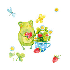 Watercolor illustration, a frog with a blue cup and strawberries. Going on a picnic. A postcard or poster, suitable for scrapbooking. Butterflies and dragonflies are flying around.