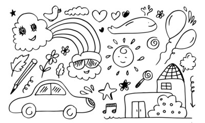 hand-drawn cute doodle set on white background. doodle design elements.doodle kids for decoration and coloring page.