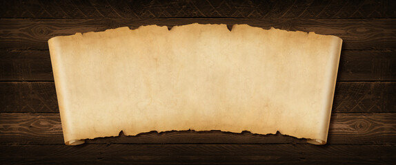Old paper horizontal banner. Parchment scroll on a wood board