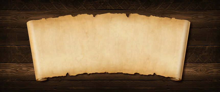 Old paper horizontal banner. Parchment scroll on a wood board