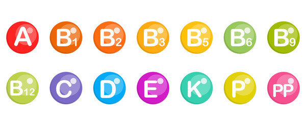 Set of vitamins vector icons. Collection vitamins : A, B1, B2, B3, B5, B6, B9, B12, C, D, E, K, P, PP. Multi vitamin complex.  - obrazy, fototapety, plakaty