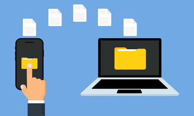 Transfer files with smartphone and laptop. Transfer folder, document or data. Copies files with device.