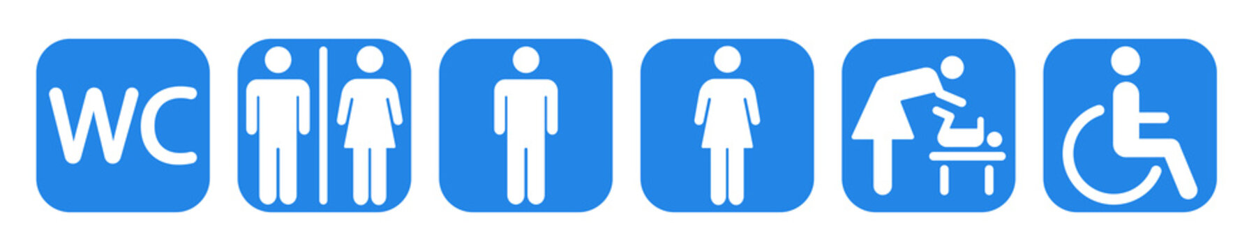 WC symbols. Set with toilet sign.  Blue and white pictograms. Vector set. Vector 10 EPS.