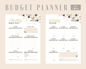 Financial planner with retro geometric background. Mounthly and weekly budget plan.