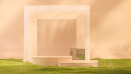 3D background, beige podium, round display frame with shadow. Green grass field. Cosmetic, beauty product promotion. Nature pedestal. Peach Fuzz is color trend of the Year 2024. 
