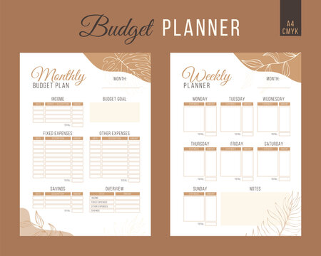 Financial planner with abstract shapes and leaves background. Mounthly and weekly budget tracker.