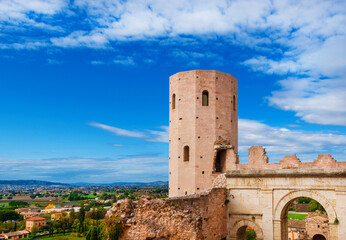 Porta Venere (Venus Gate) western tower ruins in Spello, with Umbria valley view