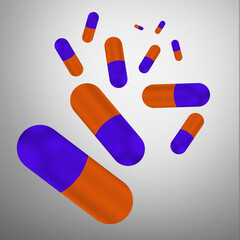  Large medical capsule with a medicinal product on a gray background. Pills of red and blue color.