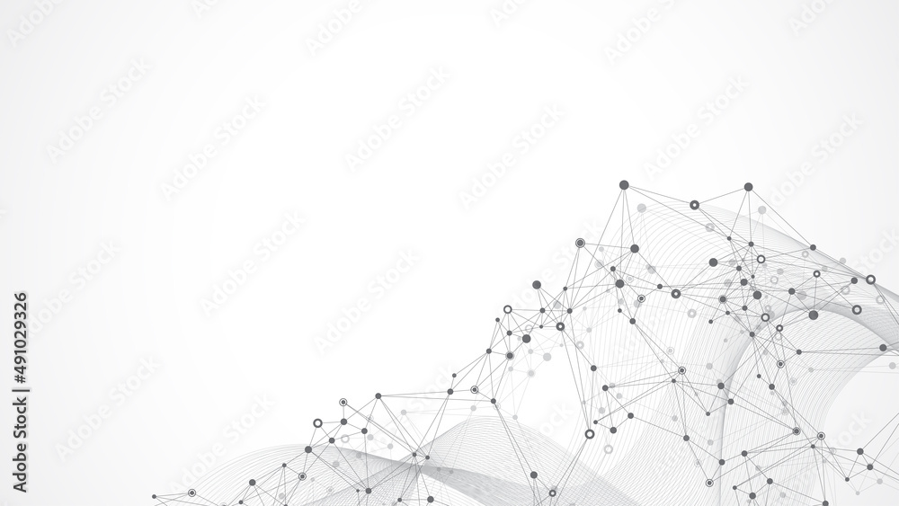 Poster Digits abstract illustration with connected line and dots, wave flow. Digital neural networks. Network and connection background for your presentation. Graphic polygonal background.