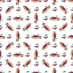 Fototapeta premium Seamless pattern with box of ripe red cherry berry with leaves. Sweet delicious print of food and healthy dessert. Vector flat illustration