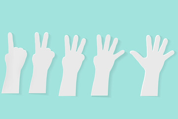 Simple Vector paper cut, counting or voting hand from one to five at blue background