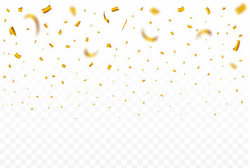 Golden confetti falling isolated on transparent background. Confetti falling illustration. Golden Ribbon falling. Anniversary and wedding celebration. Festival elements vector.