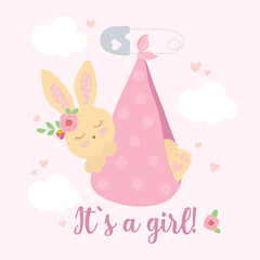 Obraz na płótnie Canvas Cute newborn bunny with hearts and clouds in flat style - It`s a girl!