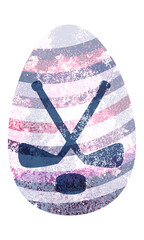 Easter egg with stripes, decorated with crossed hockey sticks with puck. Colorful flat vector illustration. Clipart. Isolated element.