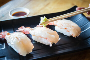 Raw sweet shrimp nigiri sushi. Selective focus.