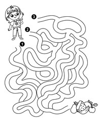 Help the little girl to reach delicious fruits. Black and white maze game for children.