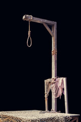 Wooden gallows and loop rope with dark background - obrazy, fototapety, plakaty