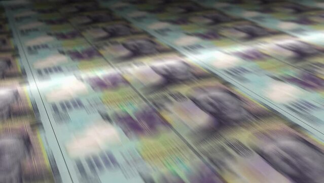 Romania Lei money sheet printing. RON banknotes loop print. Seamless and looped background concept of finance, economy crisis, inflation and business