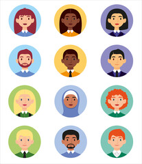 Flat collection with avatar people different nationality and gender. Id illustration set for internet sites. Colorful business icon with woman and man faces. 