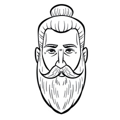 man with man bun and full beard. head, comic, monochrome.