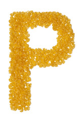 Letter P made from food on a white background