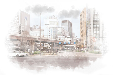 都会の街角の風景　水彩画風イラスト　