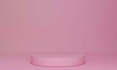 Pink platform display pedestal with a luxurious podium on the background of a pink room. An empty exhibition or an empty shelf with goods. 3D rendering.
