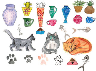Fototapeta na wymiar A set of watercolor drawings. Cats, indoor plants and vases. Paws and cups with animal food. Skeletons of fish.