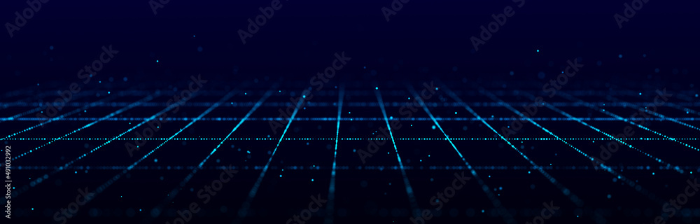 Poster dynamic flow of digital particles. perspective grid of interlaced dots. network connection structure
