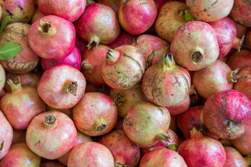 Top view of pile of ripe red organic pomegranate
