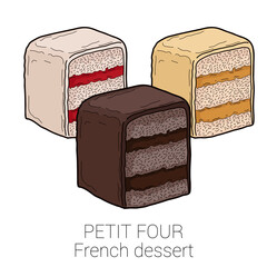 Petit Four French Dessert Pastry Pattiserie Cake Colorful Vector Illustration